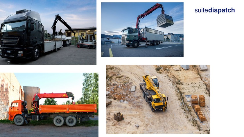 Grues de chargement. De gauche à droite et de haut en bas : grue avec montage en porte-à-faux arrière, deux grues avec montage derrière la cabine et grue avec montage sur chariot roulant.