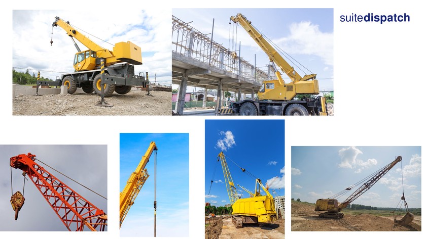 Grues mobiles. De gauche à droite et de haut en bas : deux grues mobiles sur pneus à flèche télescopique, une flèche treillis, une flèche télescopique, deux grues mobiles sur chenilles et à flèche treillis