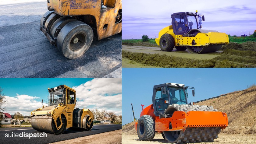 Différents types de compacteurs. De gauche à droite et de haut en bas : compacteur tandem, compacteur monocylindrique sur pneus, compacteur vibrant, compacteur sur pneus. Différents types de compacteurs. De gauche à droite et de haut en bas : compacteur tandem, compacteur monocylindrique sur pneus, compacteur vibrant, compacteur sur pneus.