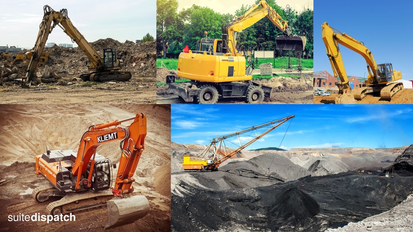 Différents types de pelles. De gauche à droite et de haut en bas : pelle à grande portée, pelleteuse sur pneus, deux pelles classiques sur chenilles, dragline