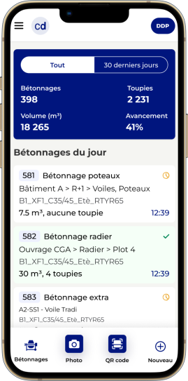 Application Concrete Dispatch - Bétonnages du jour